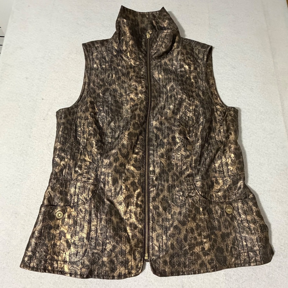 Zenergy by Chicos Bronze Metallic Leopard Print Zip Up Vest Mock Neck Size 2 L